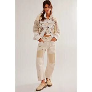 Free People Bali Rare Hearts Dainty Doily Crochet Denim Jacket Ivory Size S NWT